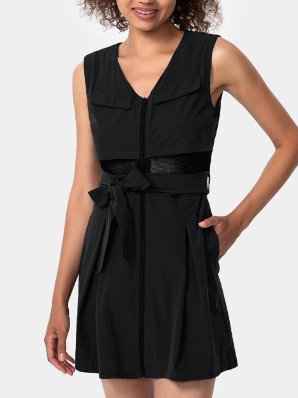 NWT Halara Zipper Contrast Mesh Belted Athletic Dress Black Lightweight Womens L